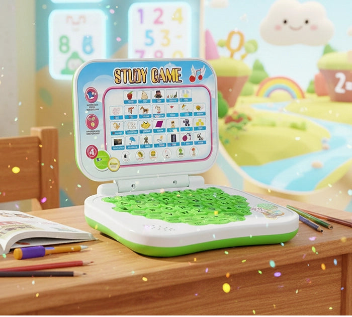 Ben 10 educational learning computer toy open on a wooden school desk showing the interactive study game screen layout.