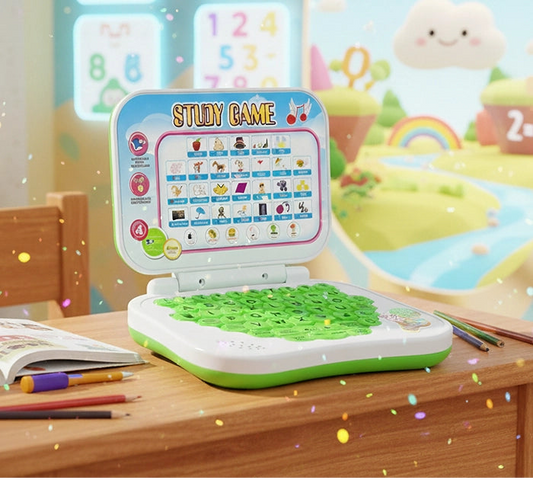 Ben 10 educational learning computer toy open on a wooden school desk showing the interactive study game screen layout.