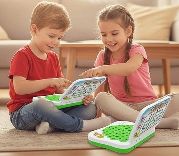 A young boy and girl sitting on a carpeted living room floor playing with their interactive toddler notebook toys