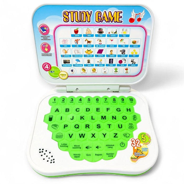 The durable green back shell of a kids toy computer showing the secure screw-locked battery compartment cover.