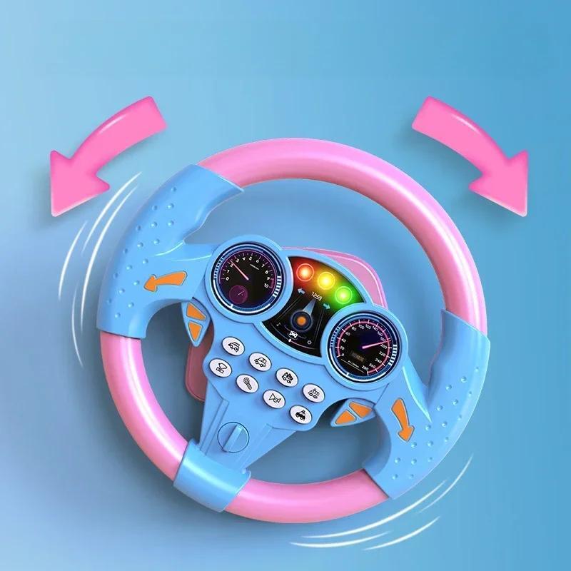 Pink preschool steering wheel toy highlighting 360-degree free rotation with motion arrows, designed for comfortable grip hands-on pretend play to boost toddler coordination.