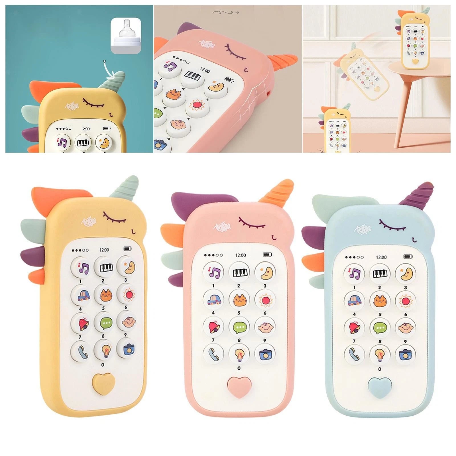 Cute aesthetic baby smartphone toy in soft yellow, orange, and purple pastel colors.
