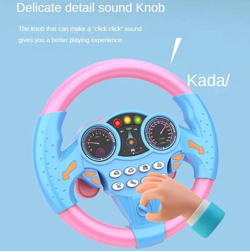 Animated graphic showcasing a hand turning the realistic clicking sound ignition knob at the bottom of the pink and blue interactive driving toy dashboard.