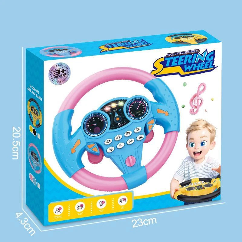 Retail packaging box for the interactive simulation steering wheel toy showing dimensions of 23cm length, 20.5cm height, and 4.3cm width, featuring an illustration of a happy playing child.