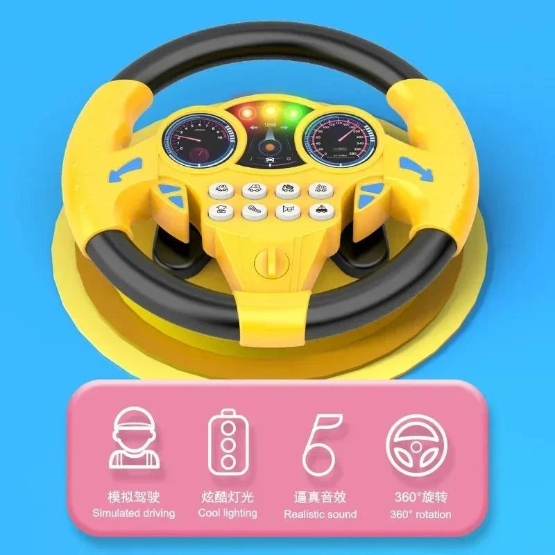 Close-up view of the yellow sensory driving wheel toy showing illuminated red, yellow, and green LED traffic lights to teach kids basic traffic safety rules.