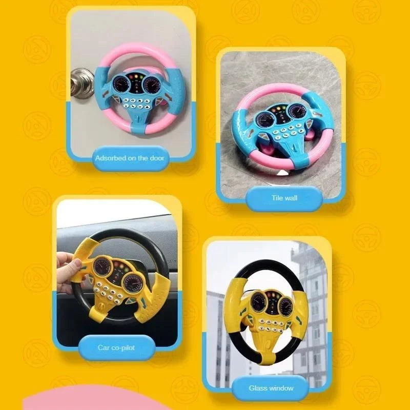 Four-panel product grid demonstrating versatile installation setups for the steering wheel toy: attached to a room door, mounted on a tiled bathroom wall, fixed to a car passenger dashboard as a co-pilot toy, and stuck to a glass window.