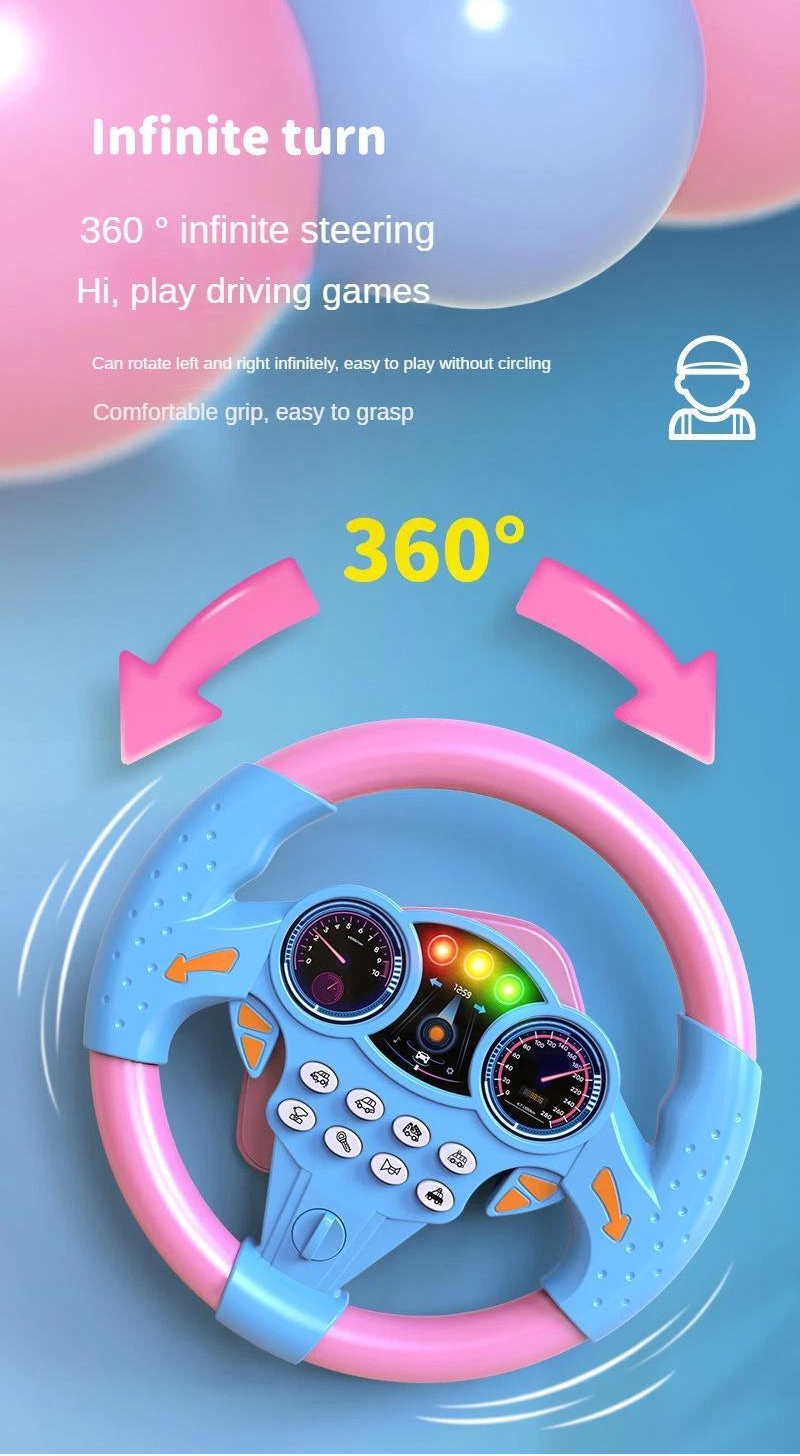 Close-up feature graphic of the pink toddler steering wheel showing 360-degree infinite rotation capability with directional pink arrows, highlighting easy-to-grip textured handles for early motor skills.