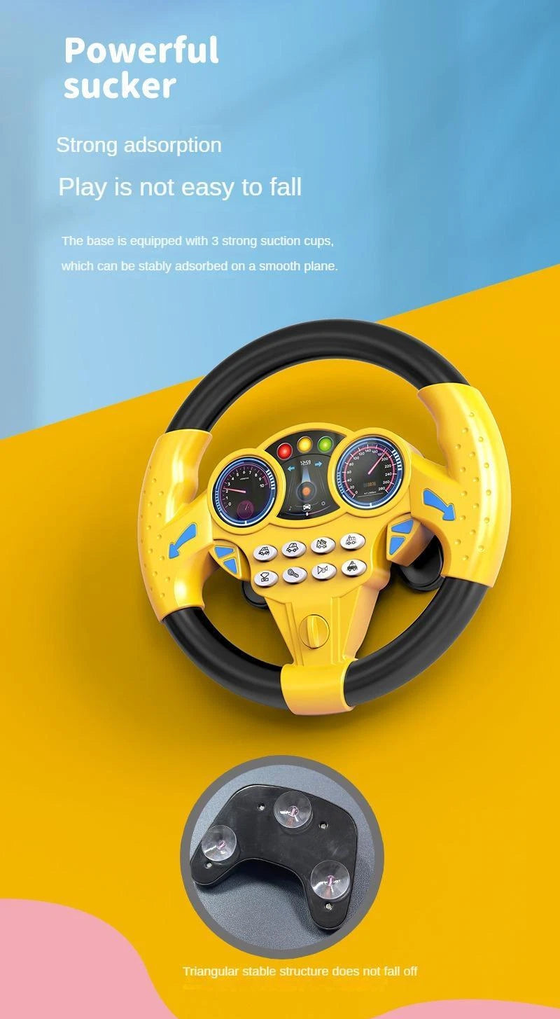 Yellow and black variant of the simulation steering wheel toy highlighting its powerful triangular base equipped with 3 strong suction cups for stable attachment to smooth flat surfaces.