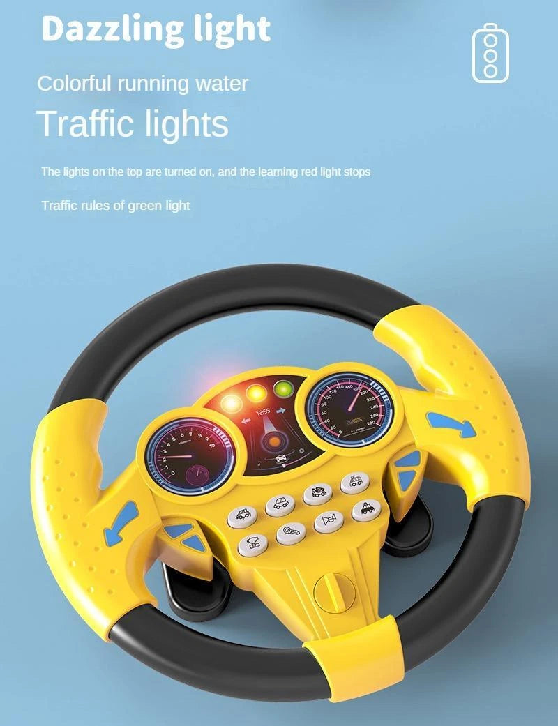 Close-up of the yellow and black interactive dashboard toy showcasing lit-up running water traffic lights at the top, designed to teach kids early traffic rules.