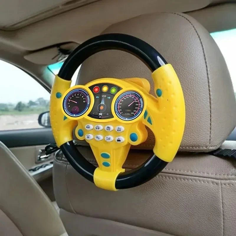 Yellow and black dashboard simulation toy showing an inset close-up of its triangular base with 3 strong suction cups that prevent the toy from falling during play.